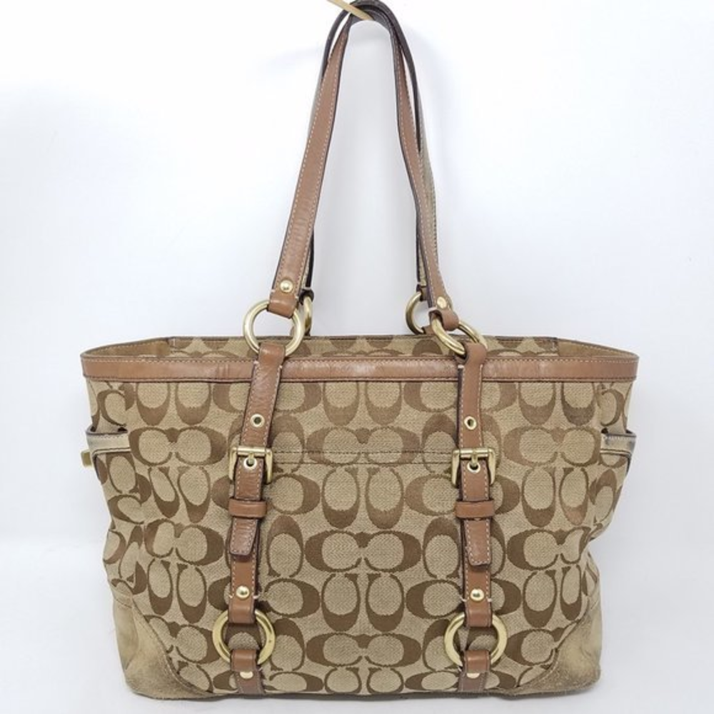 Coach bag tan/brown logo fabric w/suede base leather strap shoulder‎